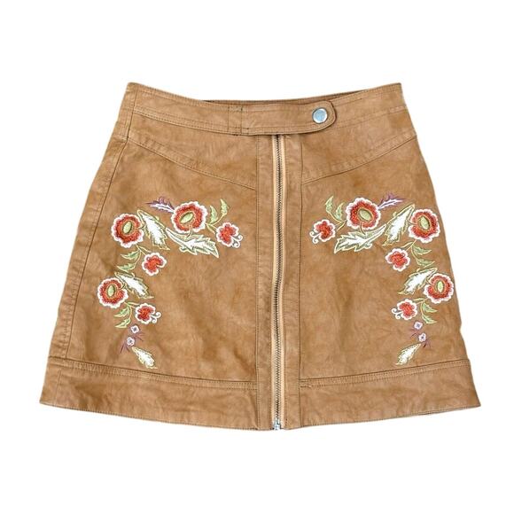 Free People Dresses & Skirts - Free People Alanis Moto Brown Faux Leather Embroidered Front Zipper Mini Skirt 2